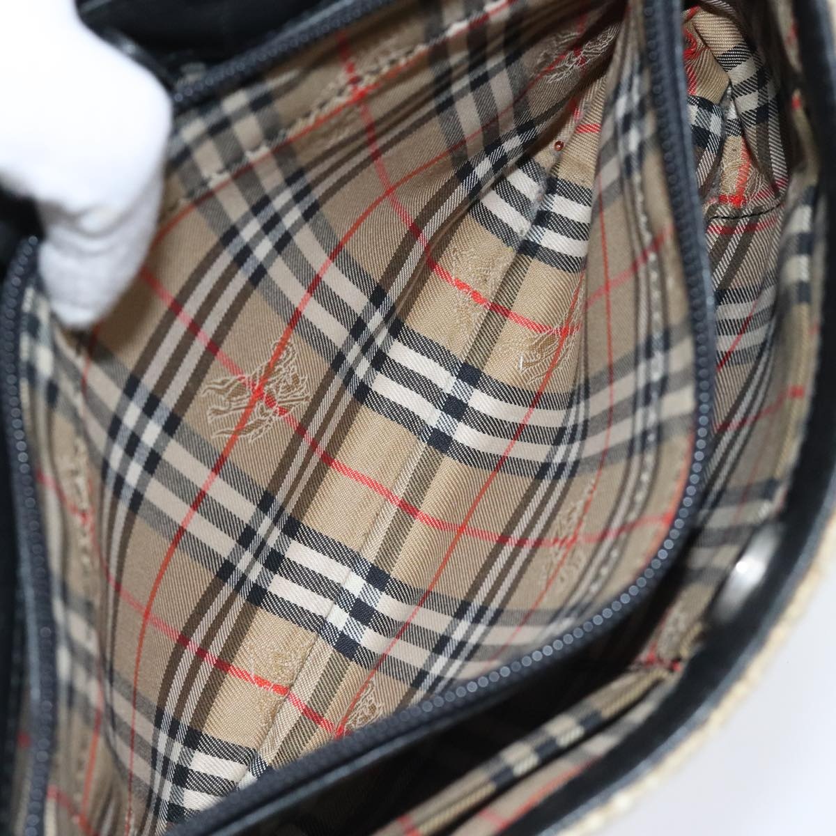 Burberry Nova Check Hand Bag Leather Canvas Black Beige - 12