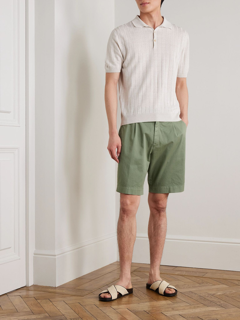 Canali Slim-Fit Straight-Leg Pleated Stretch-Cotton Shorts Green outlook