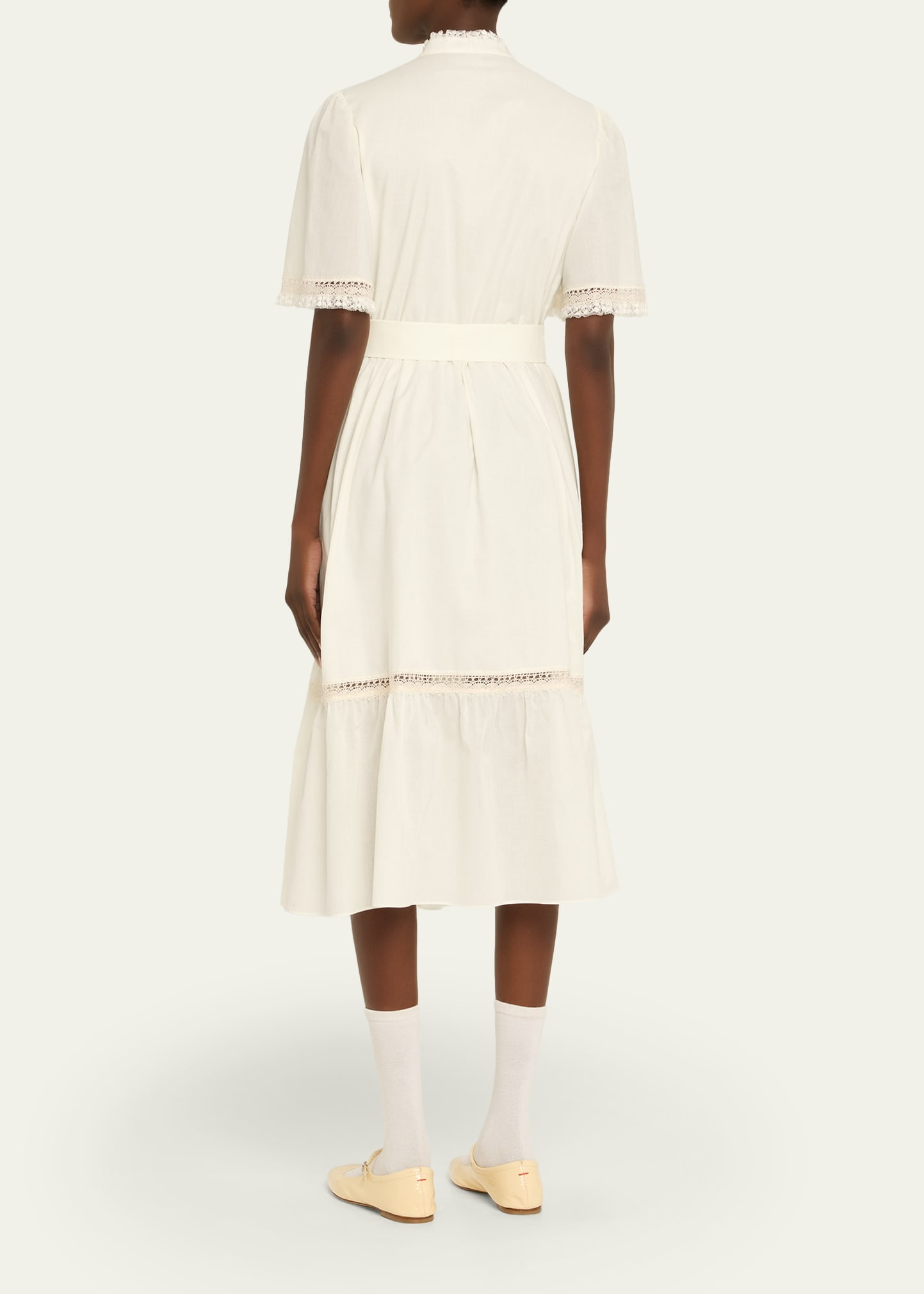 Short-Sleeve Belted Lace-Trim Shirtdress - 3