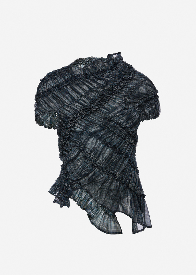 Ruched cotton short sleeve blouse in blue check 1