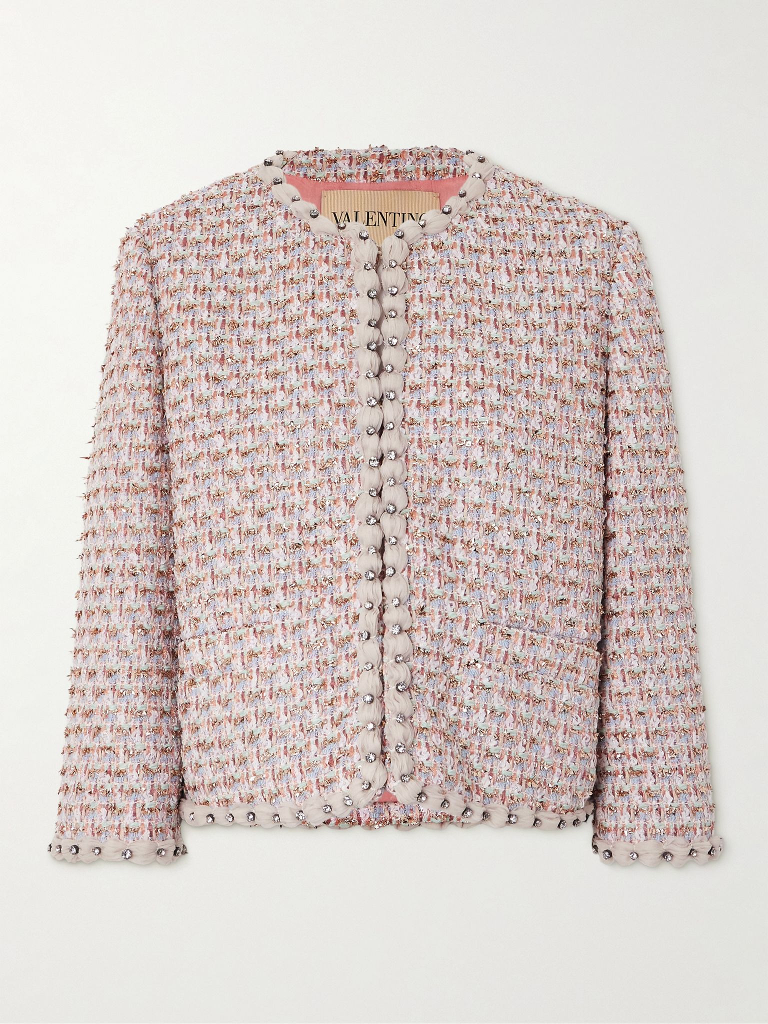 Crystal-embellished chiffon-trimmed metallic tweed jacket Pastel pink - 1