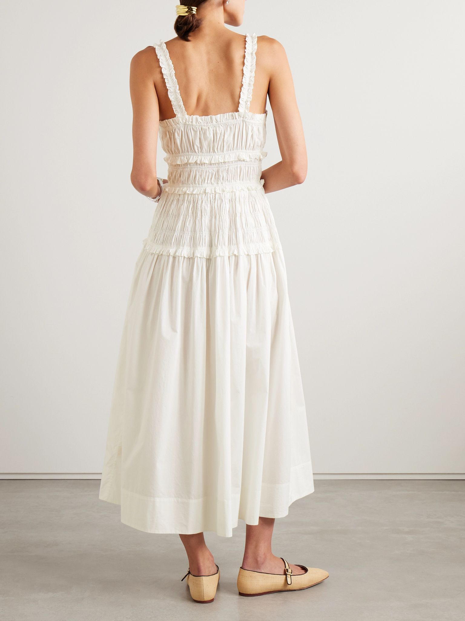 Marianne shirred organic cotton-poplin midi dress White - 3