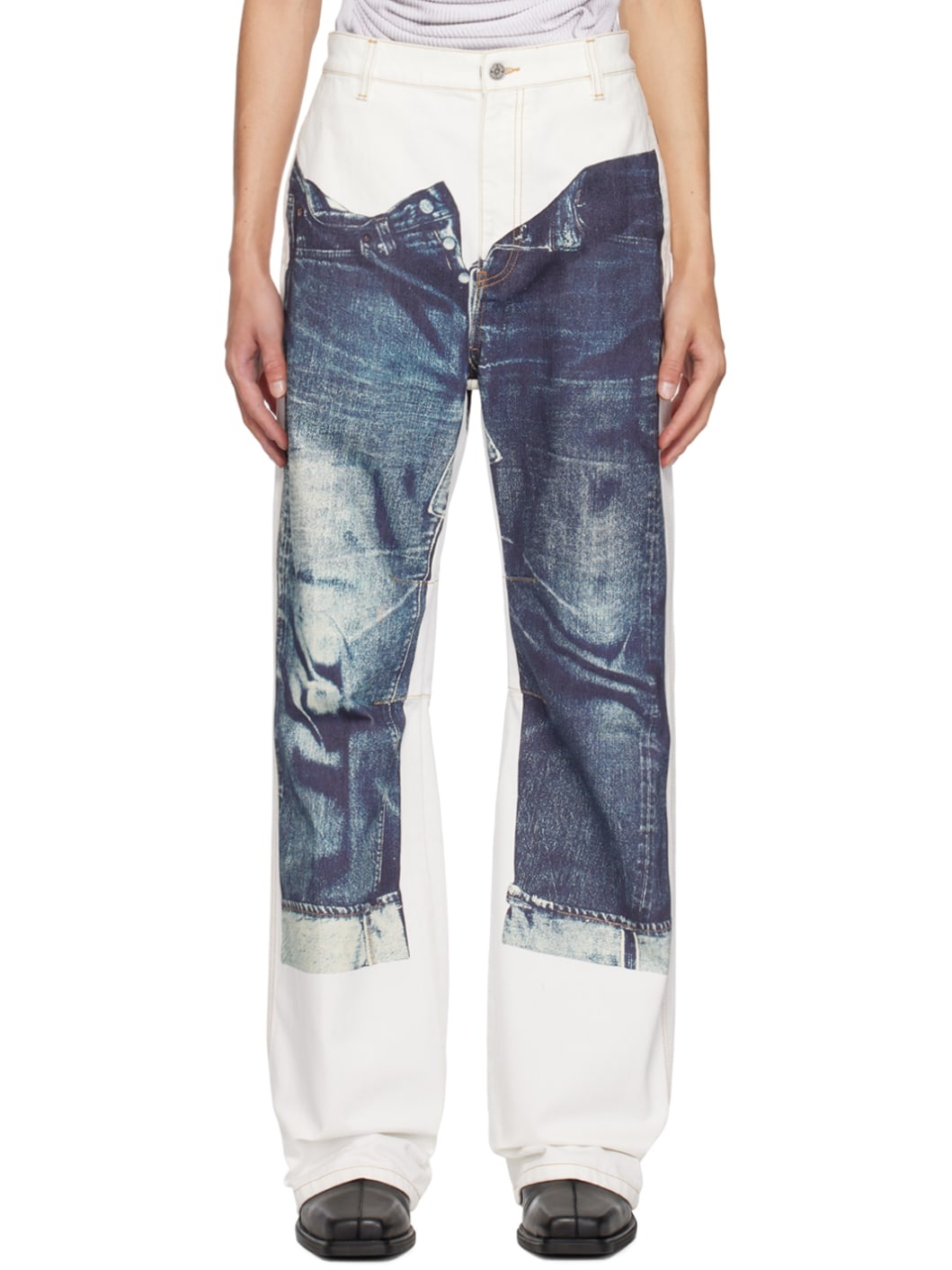 White & Blue Trompe L'œil Jeans - 1