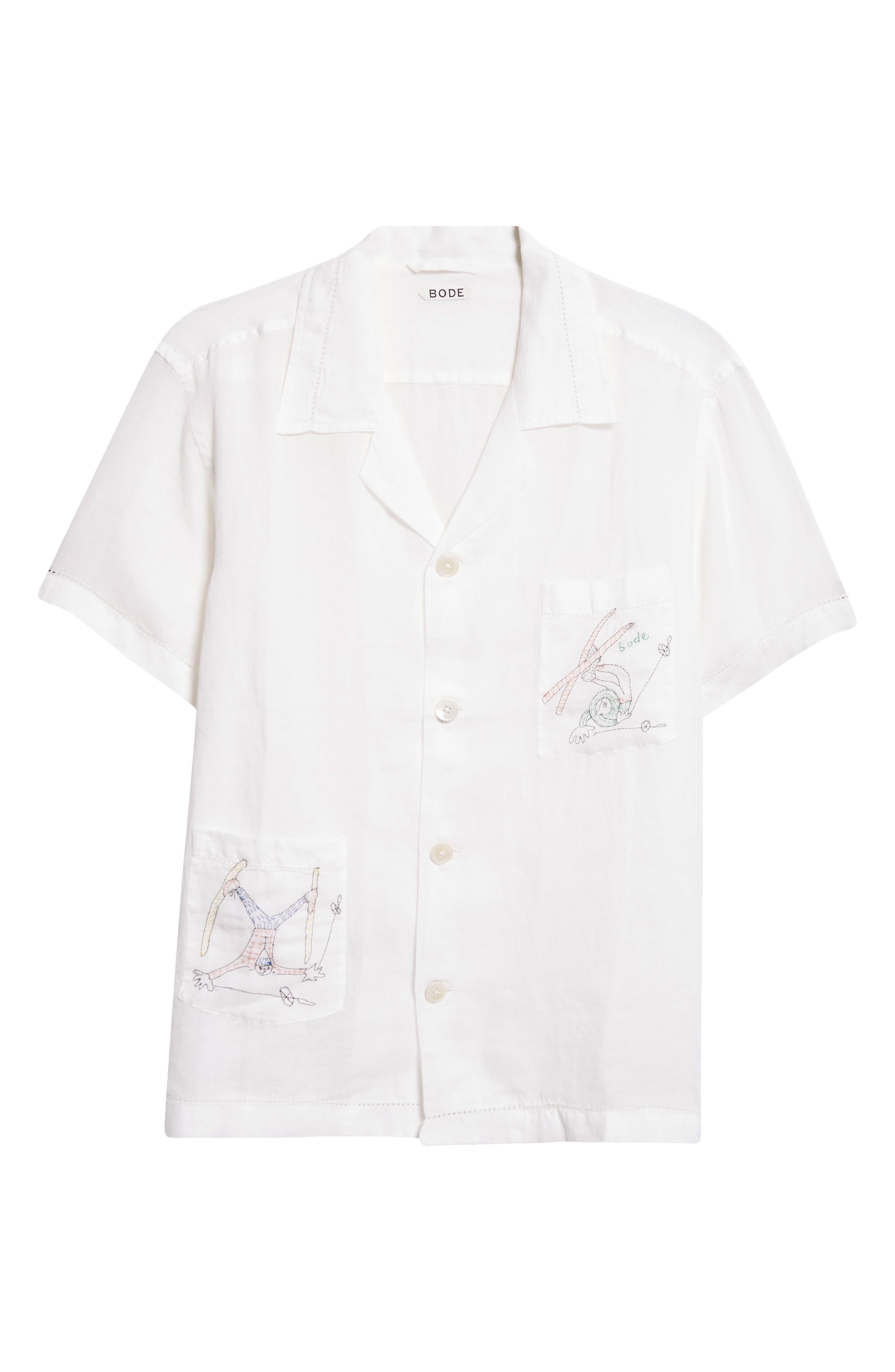 Bode Skiers Embroidered Linen Camp Shirt in White Multi at Nordstrom - 5