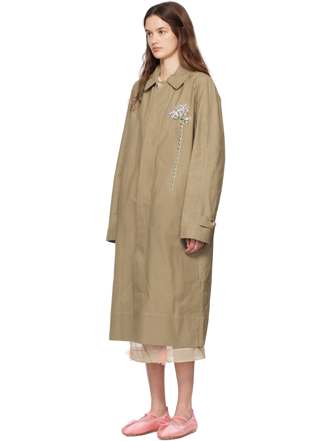 Beige Embellished Carnation Car Coat - 4
