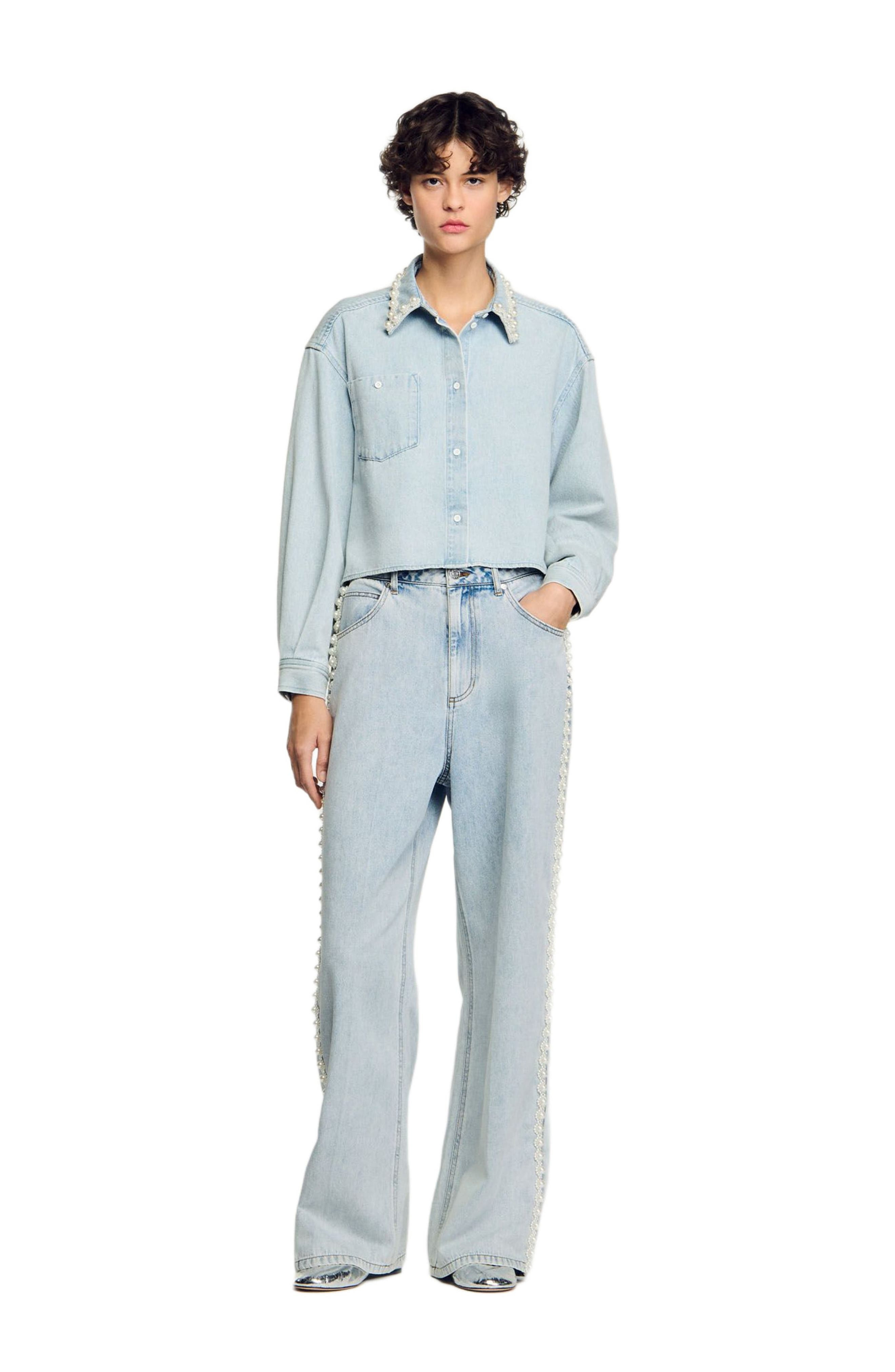 SANDRO Denim shirt with beaded collar in Light Bu Jean at Nordstrom - 6