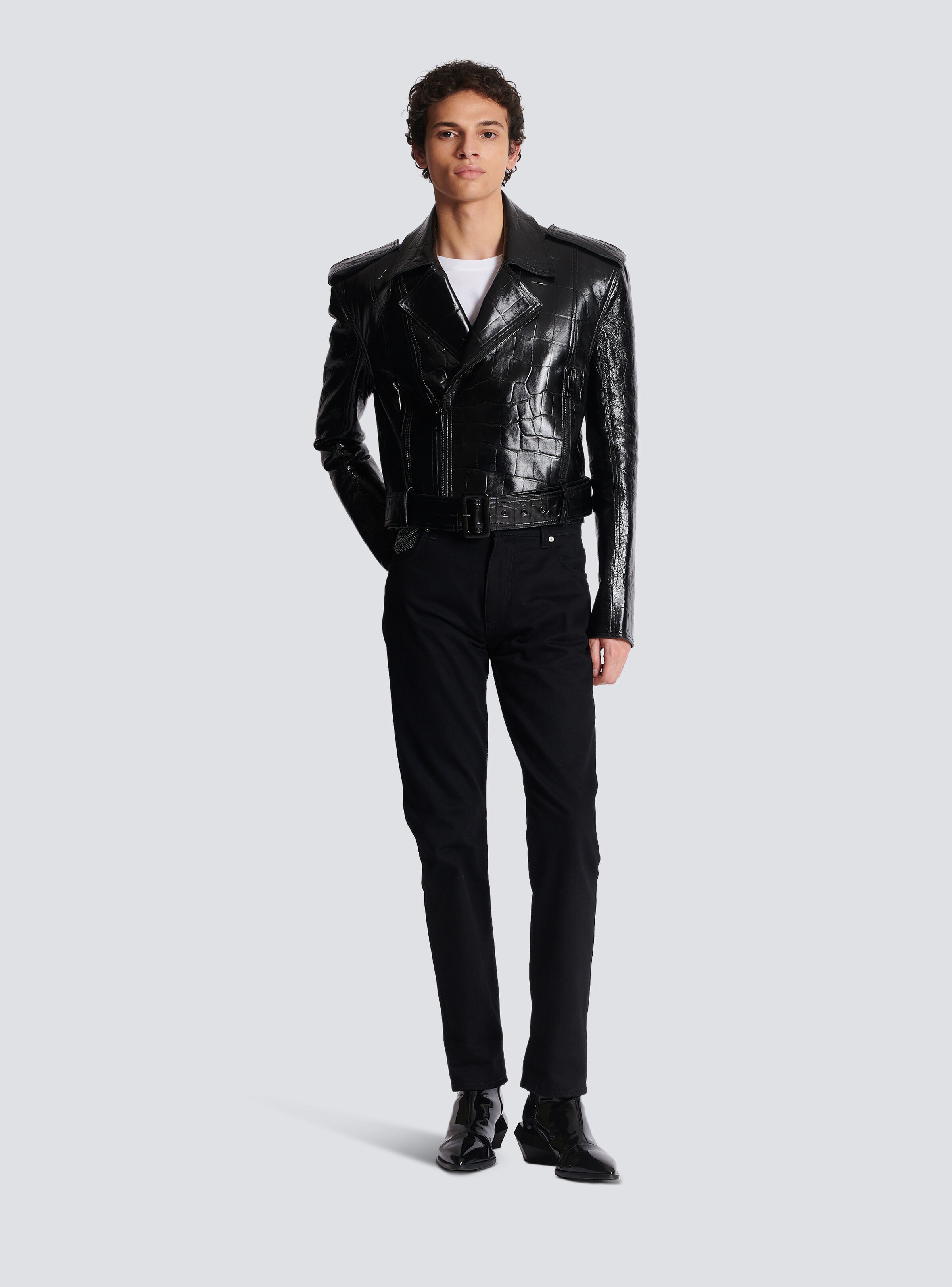 Crocodile-effect leather biker jacket - 2