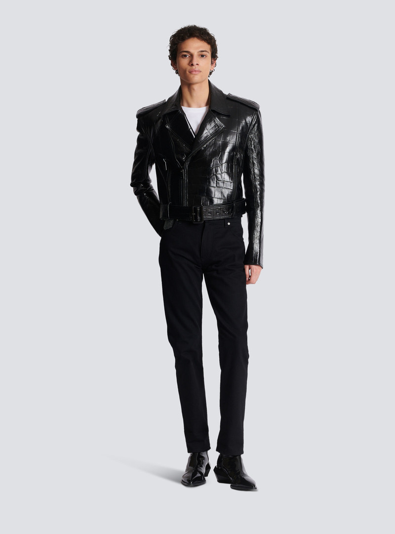 Balmain Crocodile-effect leather biker jacket outlook