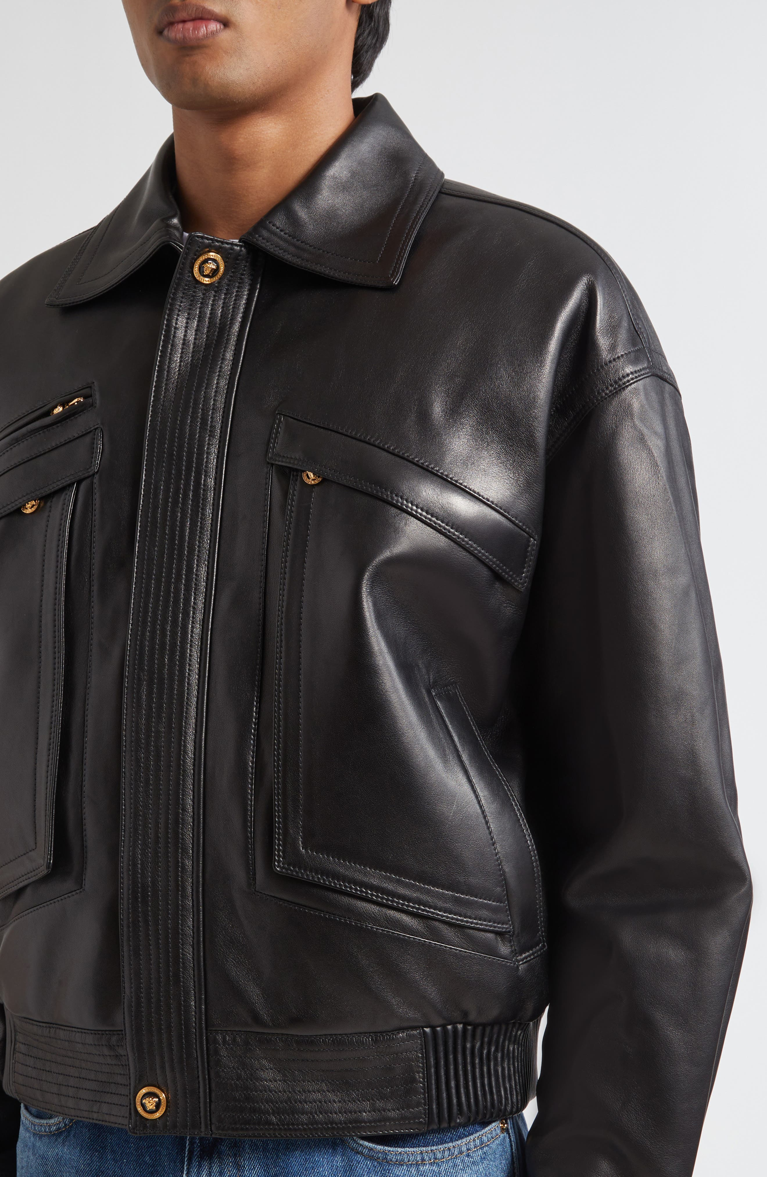 Versace Plongé Leather Blouson Jacket in Black at Nordstrom - 4