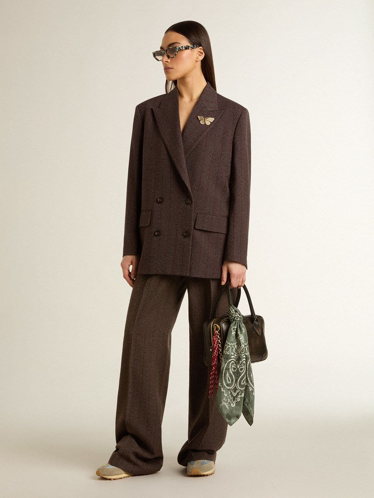 Women's double-breasted blazer in dark brown wool with thin stripe pattern - 3