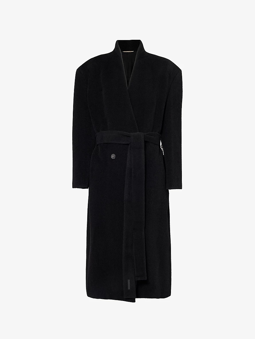 Lapelless herringbone-weave wool coat - 1