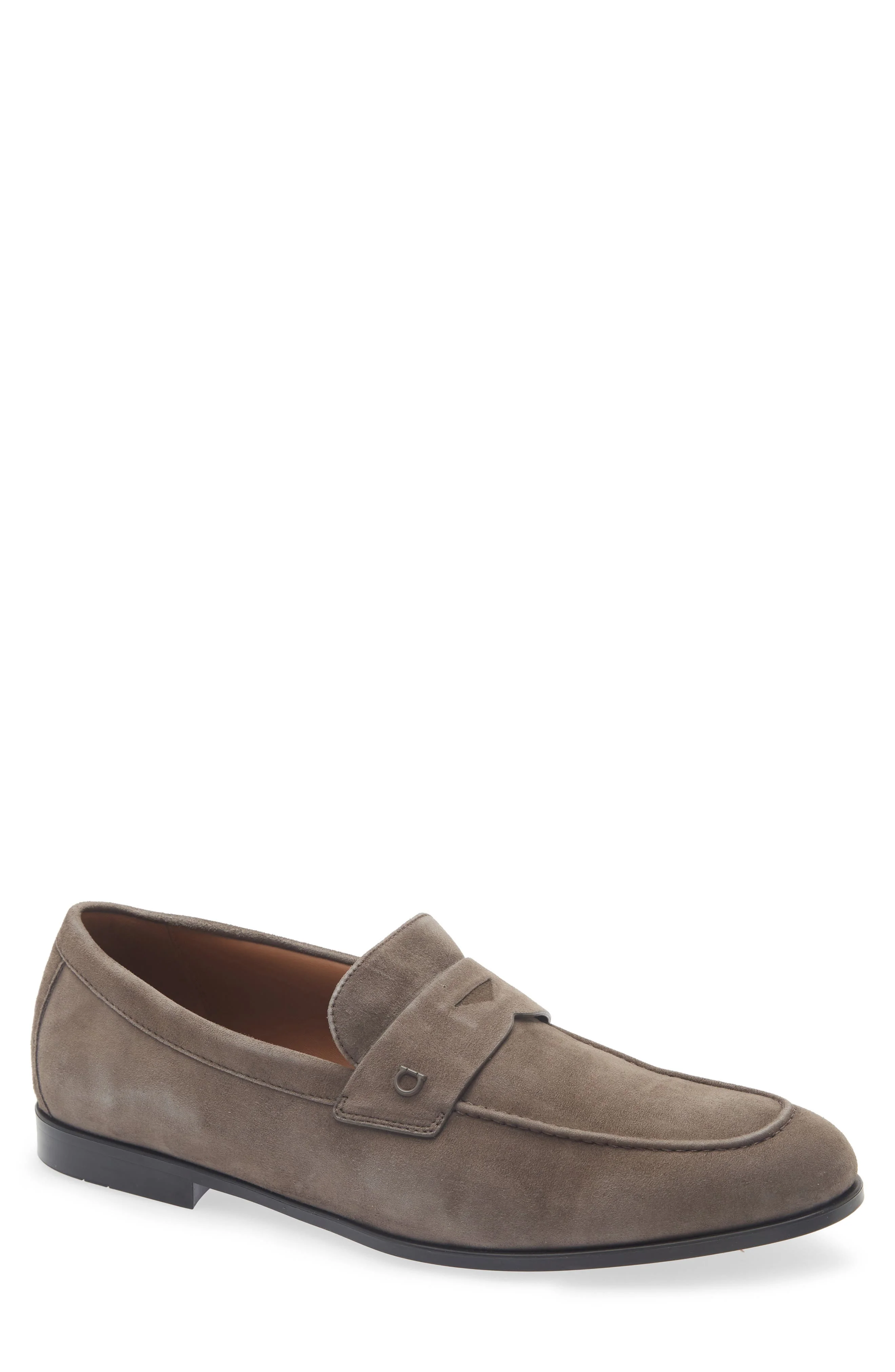 FERRAGAMO Tiberio Suede Penny Loafer in Elefante Nutmeg - 1