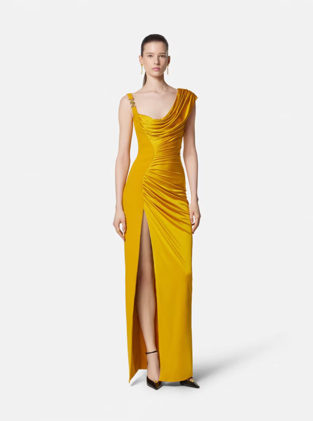 Versace Women Orange Sleeveless Long Dress With Medusa Plaque On The Front Draping In Viscose Woman - 4