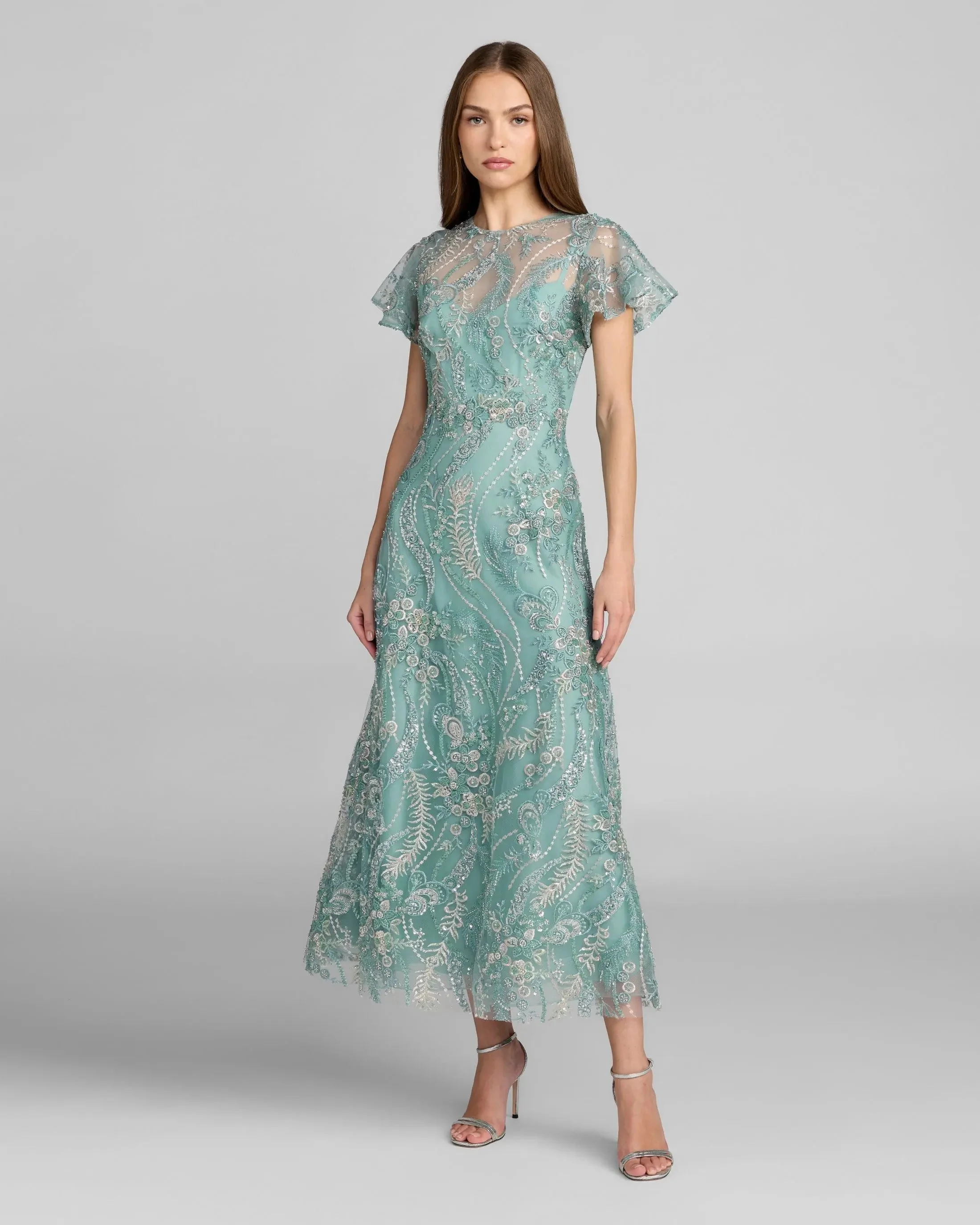Blue Embroidered Flutter Sleeve Midi Dress - 1