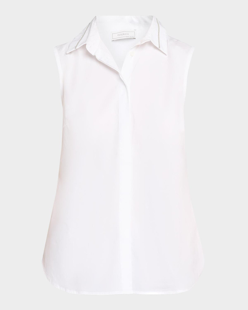 Chain-Trim Sleeveless Stretch Cotton Shirt 1