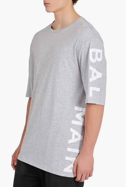 Oversized heather gray eco-designed cotton T-shirt with white Balmain logo print - 5