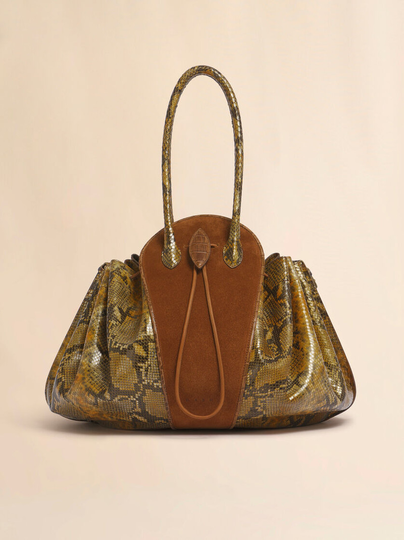BROWN SUEDE AND PYTHON-PRINT LEATHER TULIPEA LARGE HANDBAG 1