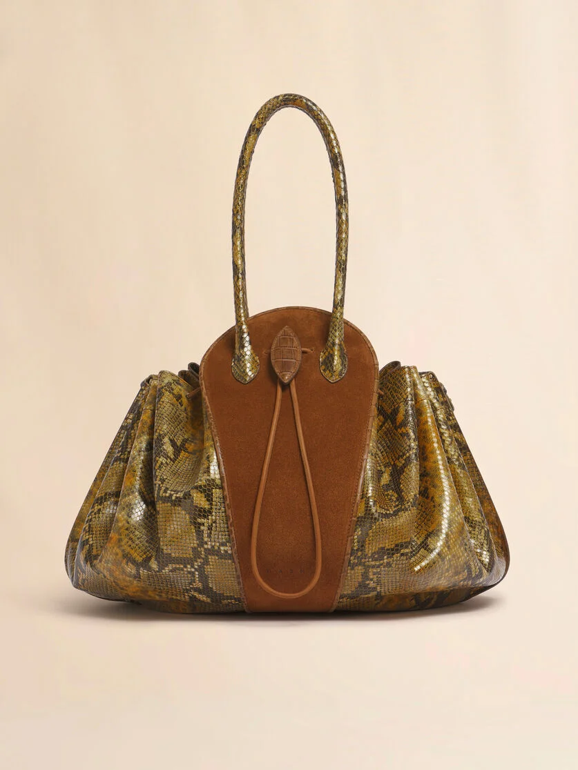 BROWN SUEDE AND PYTHON-PRINT LEATHER TULIPEA LARGE HANDBAG - 1
