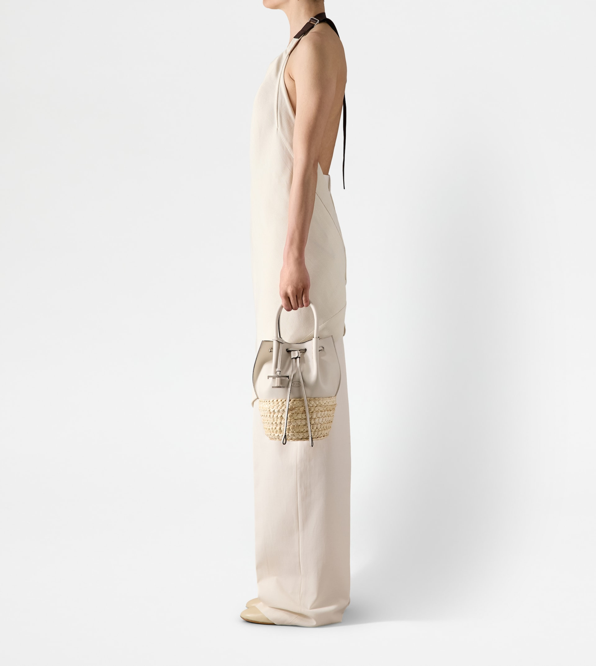 BUCKET BAG IN STRAW AND LEATHER MINI - WHITE, NATURAL - 7