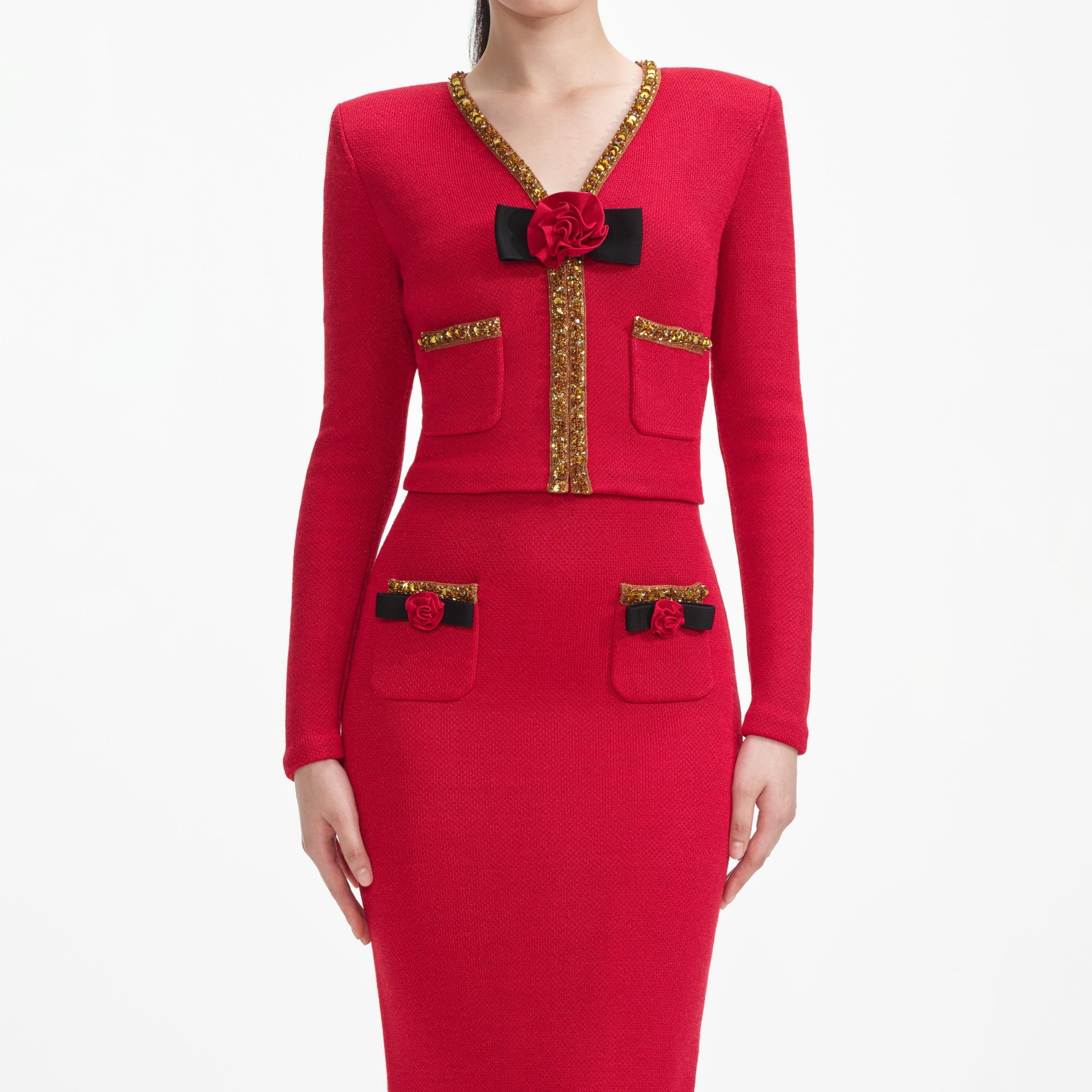 Red Textured Knit Corsage Cardigan - 4