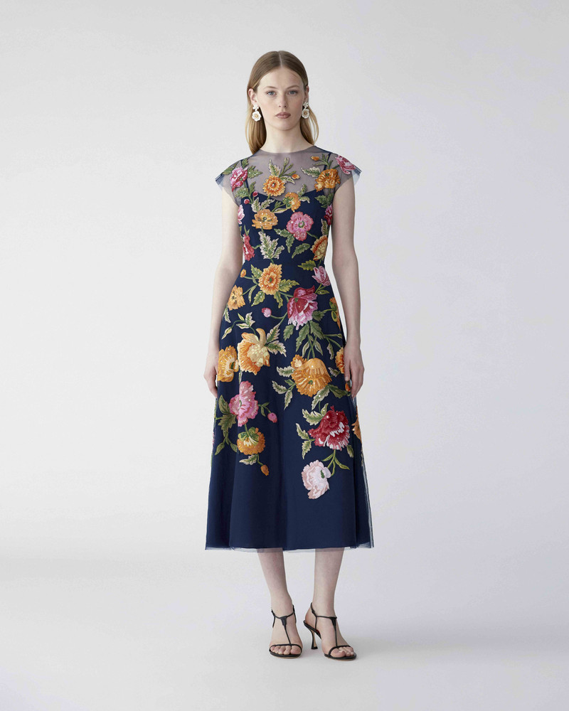 CAROLINA HERRERA Floral-Embroidered Tulle Midi Dress outlook