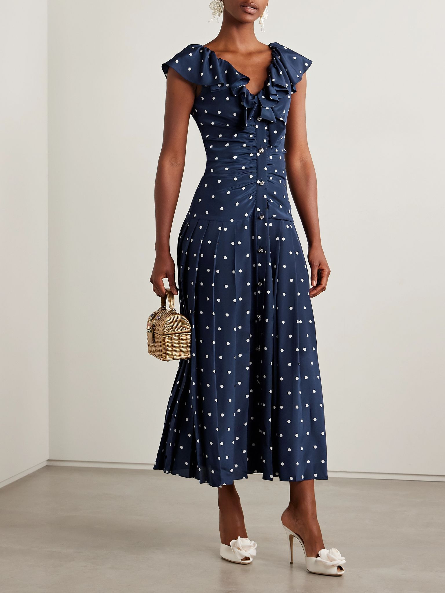 Pleated gathered polka-dot silk crepe de chine midi dress Navy - 2