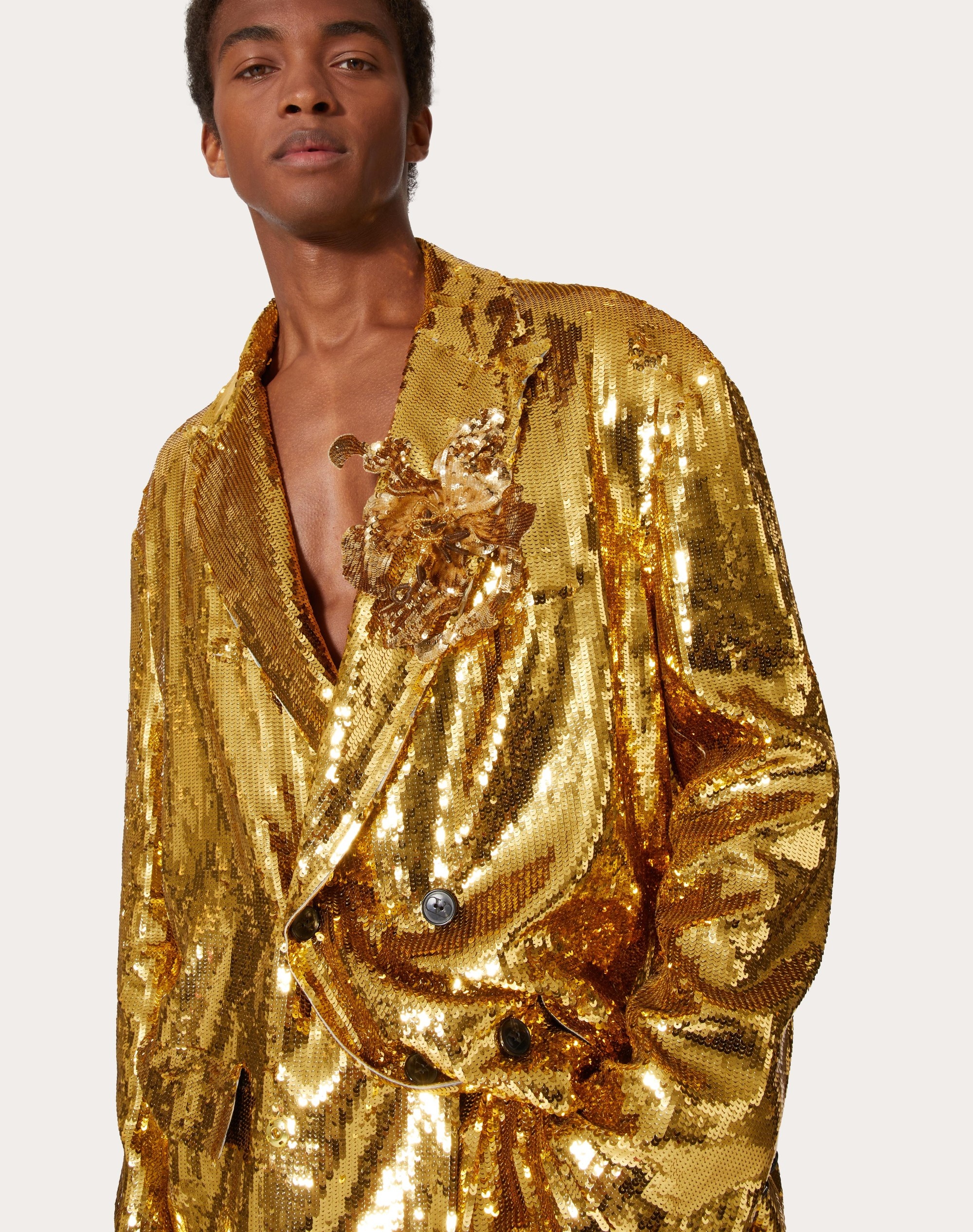 DOUBLE-BREASTED ORGANZA JACKET WITH ALL-OVER SEQUINS AND FLORAL PATCH - 5