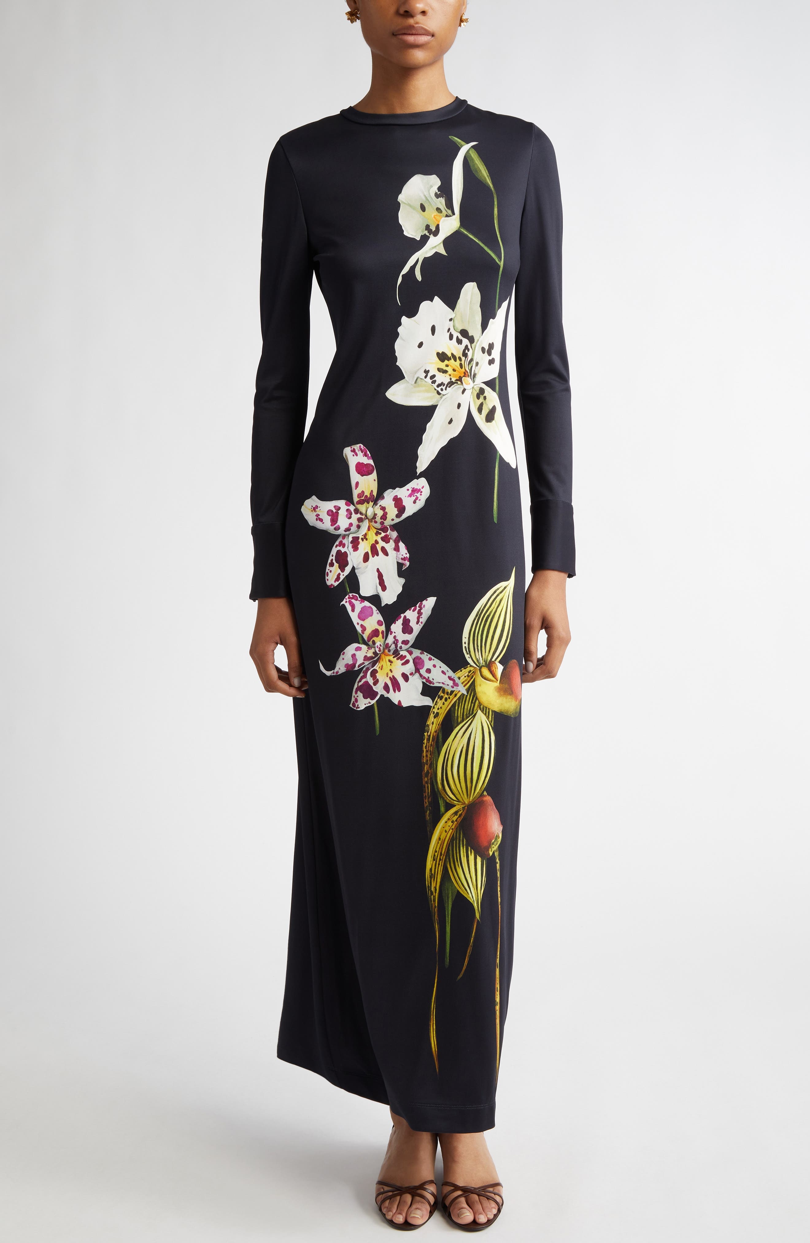 Oscar de la Renta Orchid Print Long Sleeve Jersey Dress in Dark Navy Multi at Nordstrom - 1