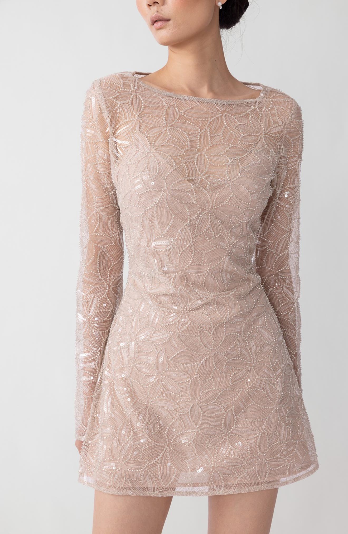 SAU LEE Odessa Beaded Floral Long Sleeve Cocktail Minidress in Beige at Nordstrom - 3
