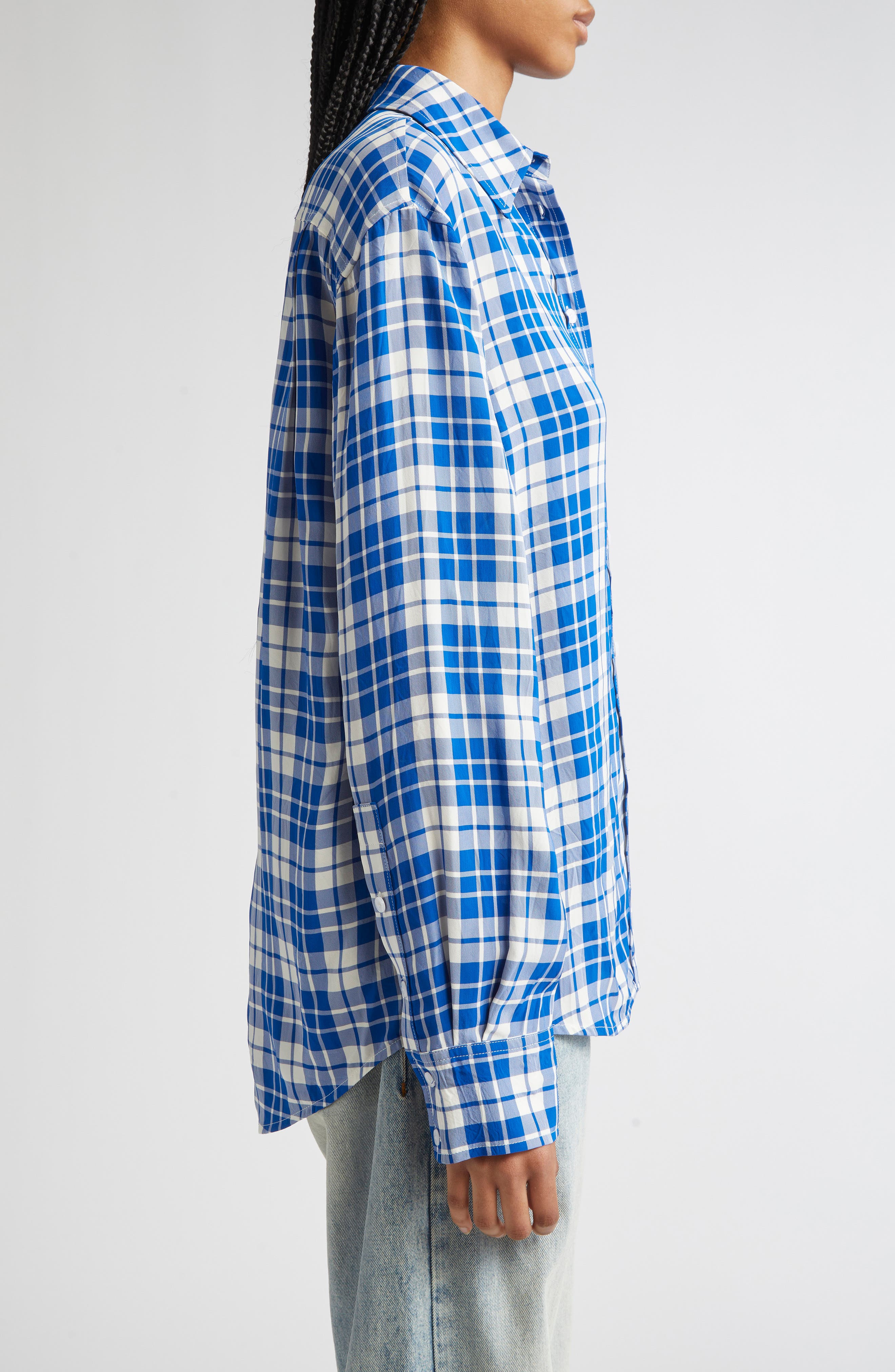 Proenza Schouler Bronwen Plaid Hammered Viscose Button-Up Shirt in Cobalt Multi at Nordstrom - 5