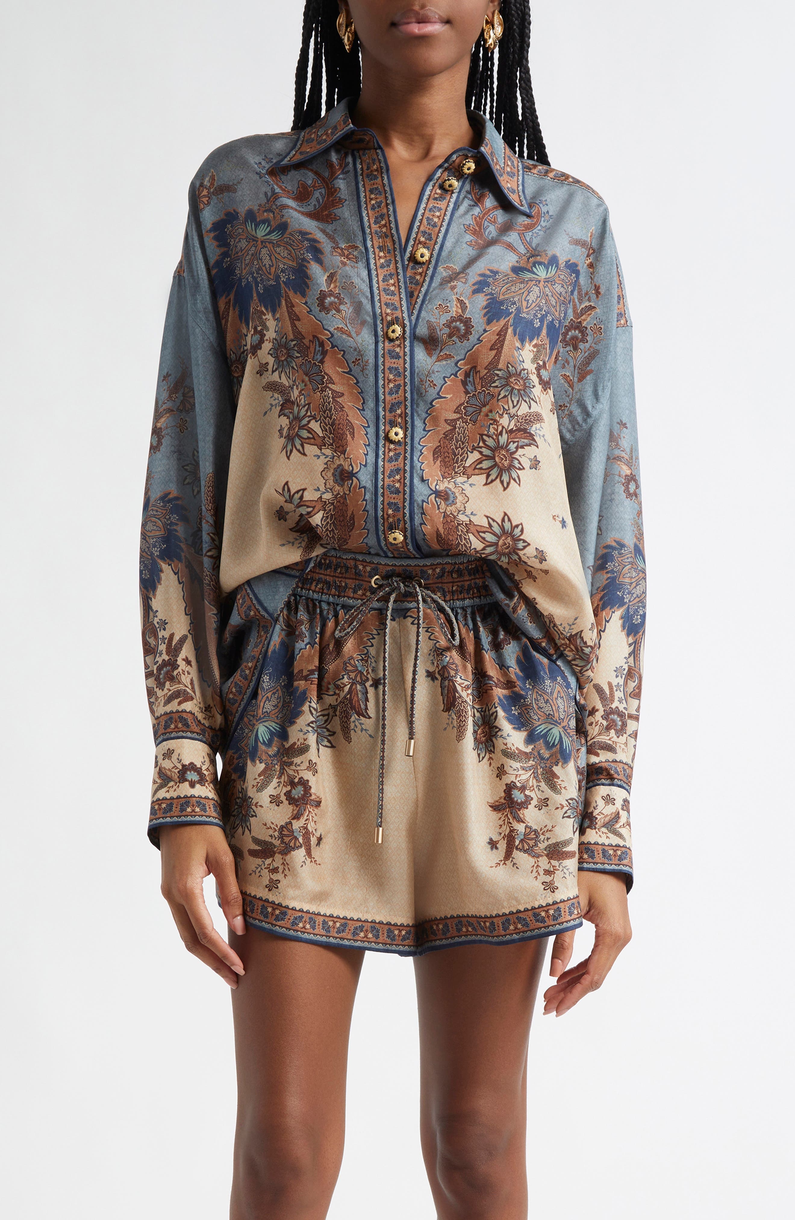 Zimmermann Ascension Silk Habutai Button-Up Shirt in Blue/Cream Indienne Floral at Nordstrom - 1