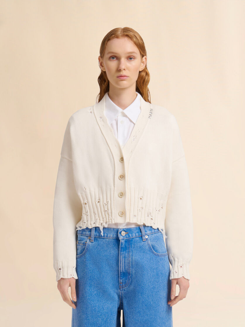 WHITE DISHEVELLED COTTON CROPPED CARDIGAN - 2
