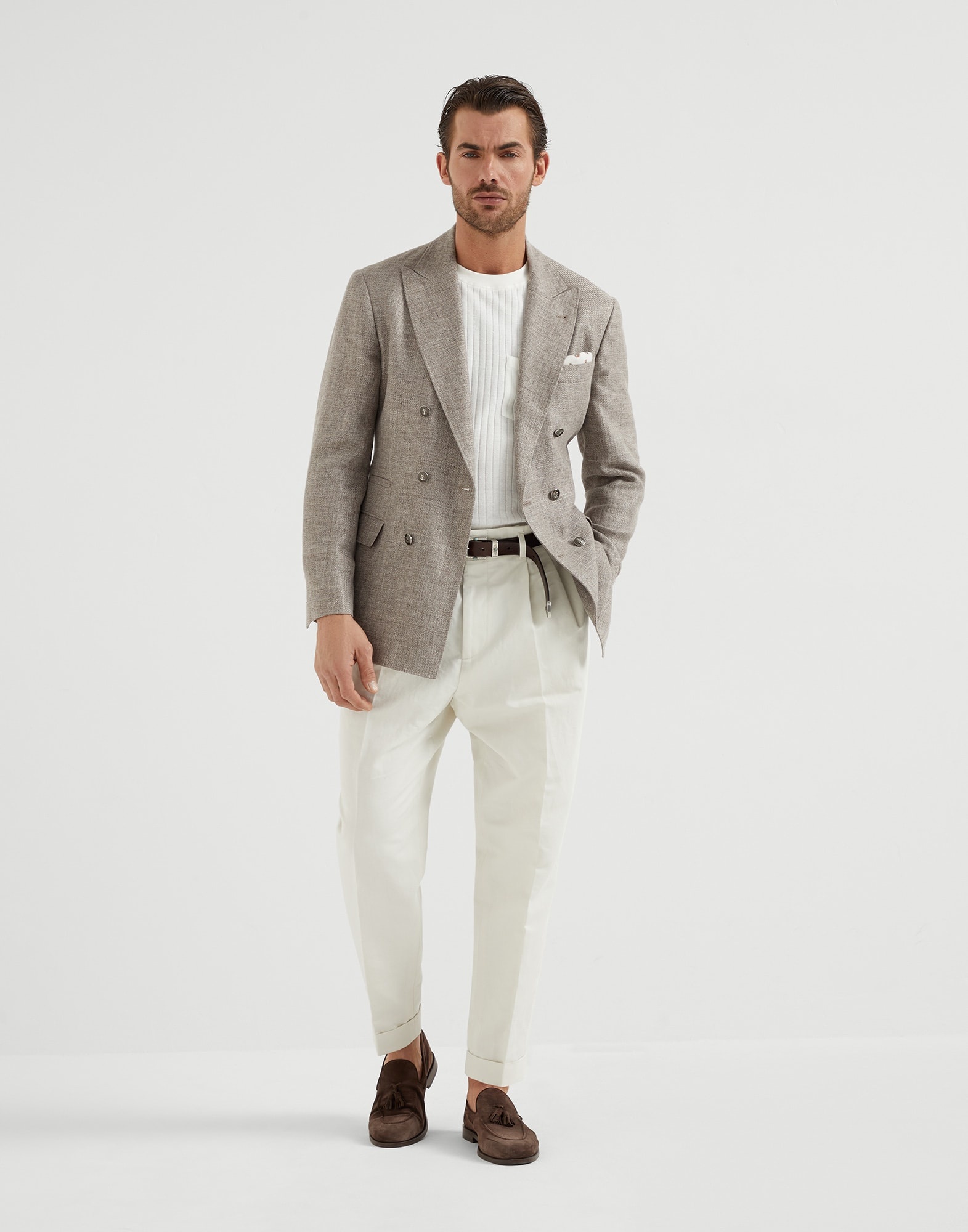 Cotton and linen gabardine tailor fit trousers with double pleats - 4