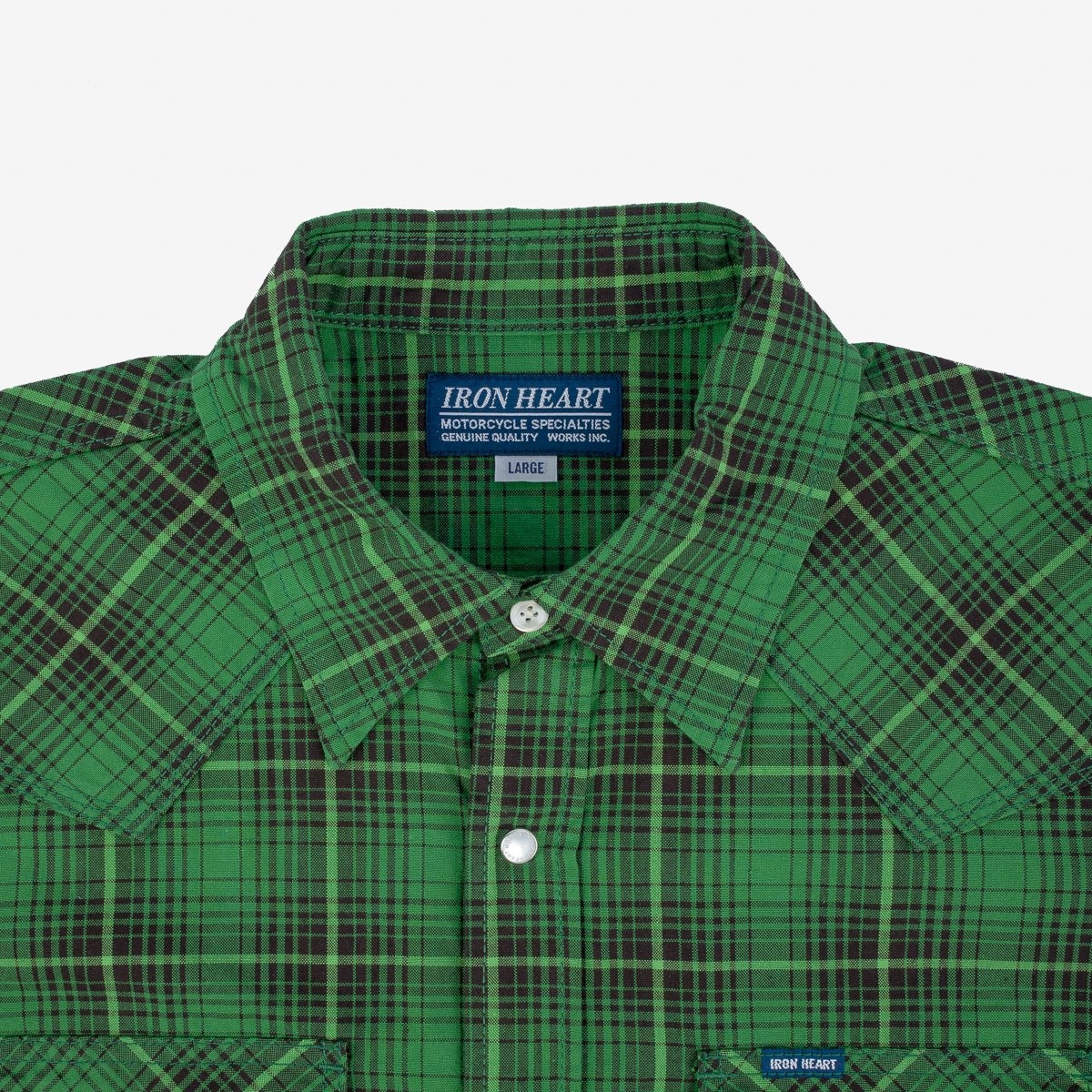 IHSH-386-GRN 5oz Selvedge Short Sleeved Western Shirt - Green Vintage Check - 7