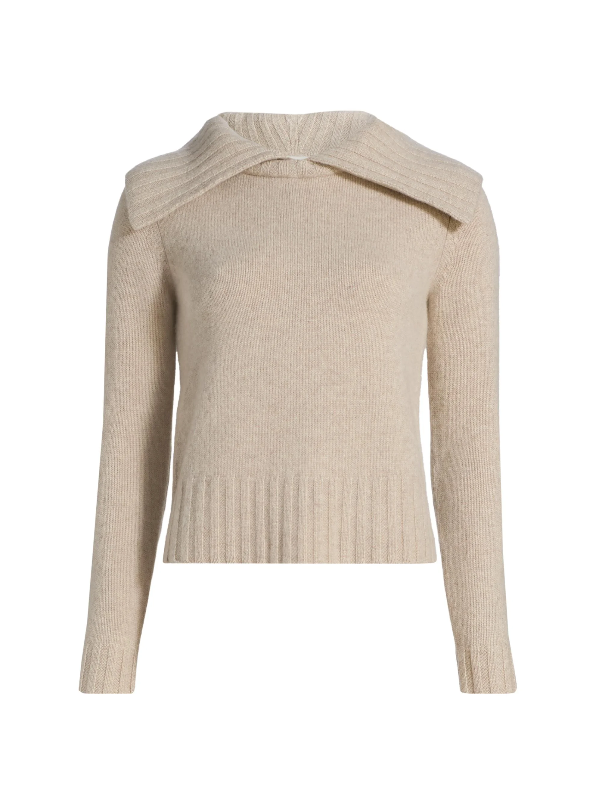 Women's Wide Ribbed-llared Cashmere Sweater - Beige Melange - 1