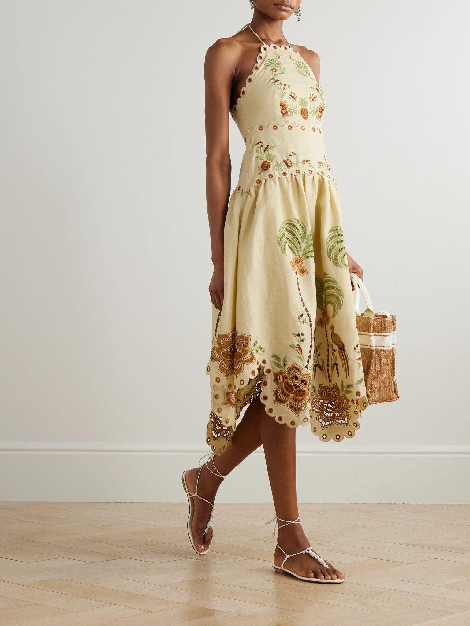 Scalloped broderie anglaise linen halterneck dress Beige - 2