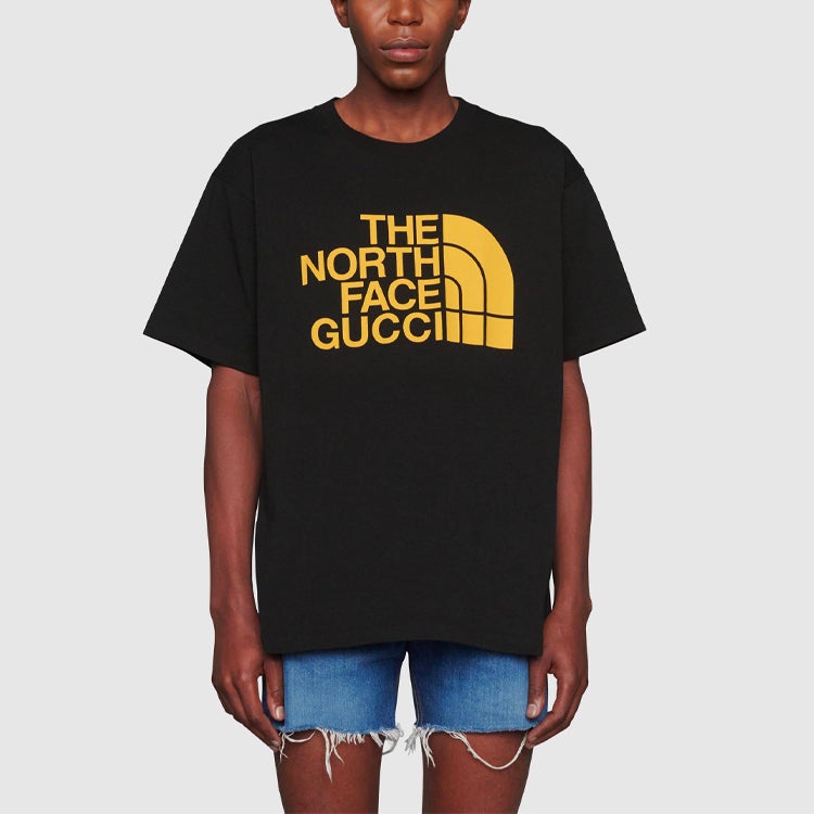 Men's Gucci x THE NORTH FACE Crossover Alphabet Logo Printing Loose Round Neck Short Sleeve Black T- - 4