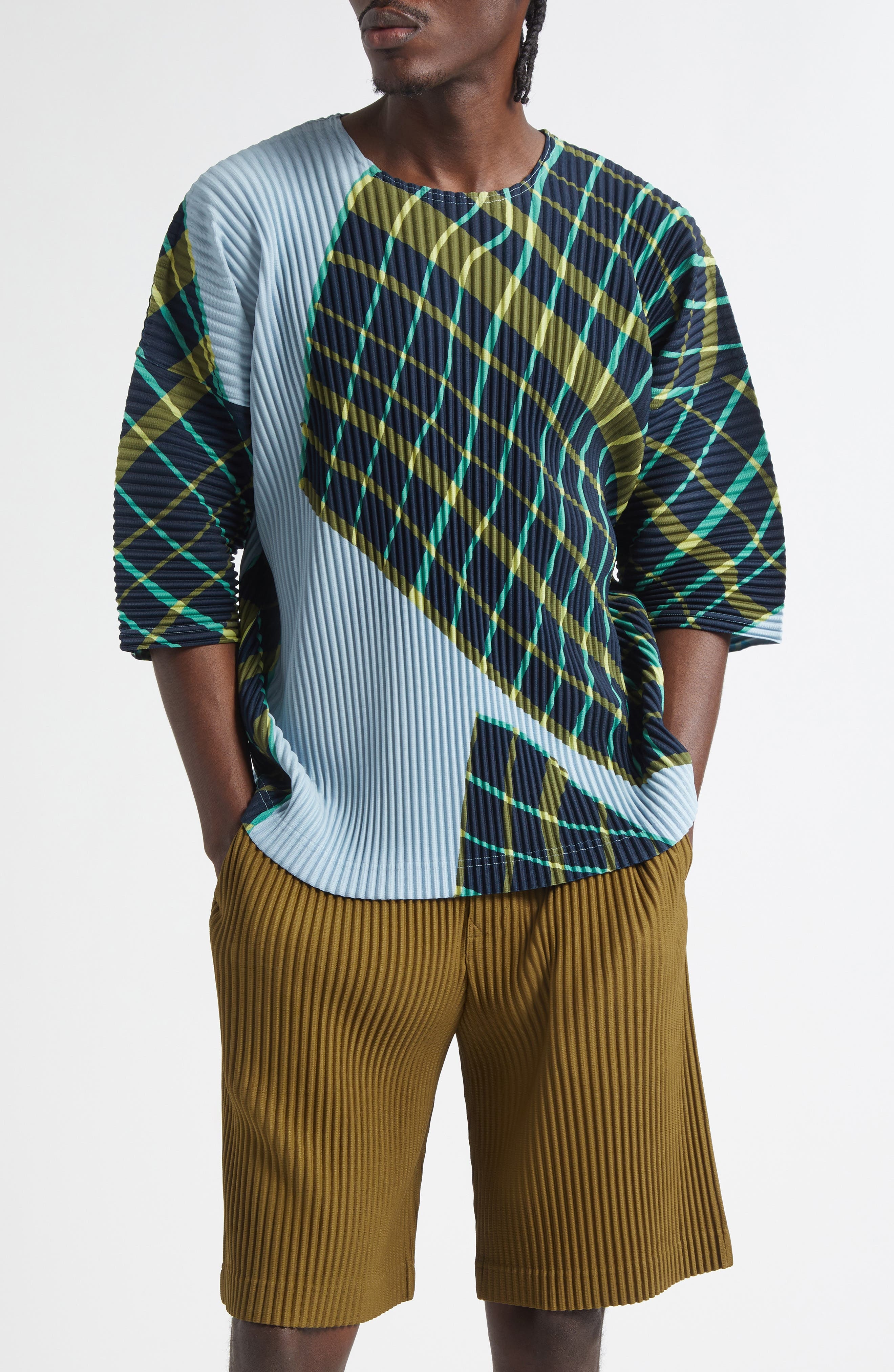 Homme Plissé Issey Miyake Windswept Plaid Pleated Top in Blue Gray at Nordstrom - 1