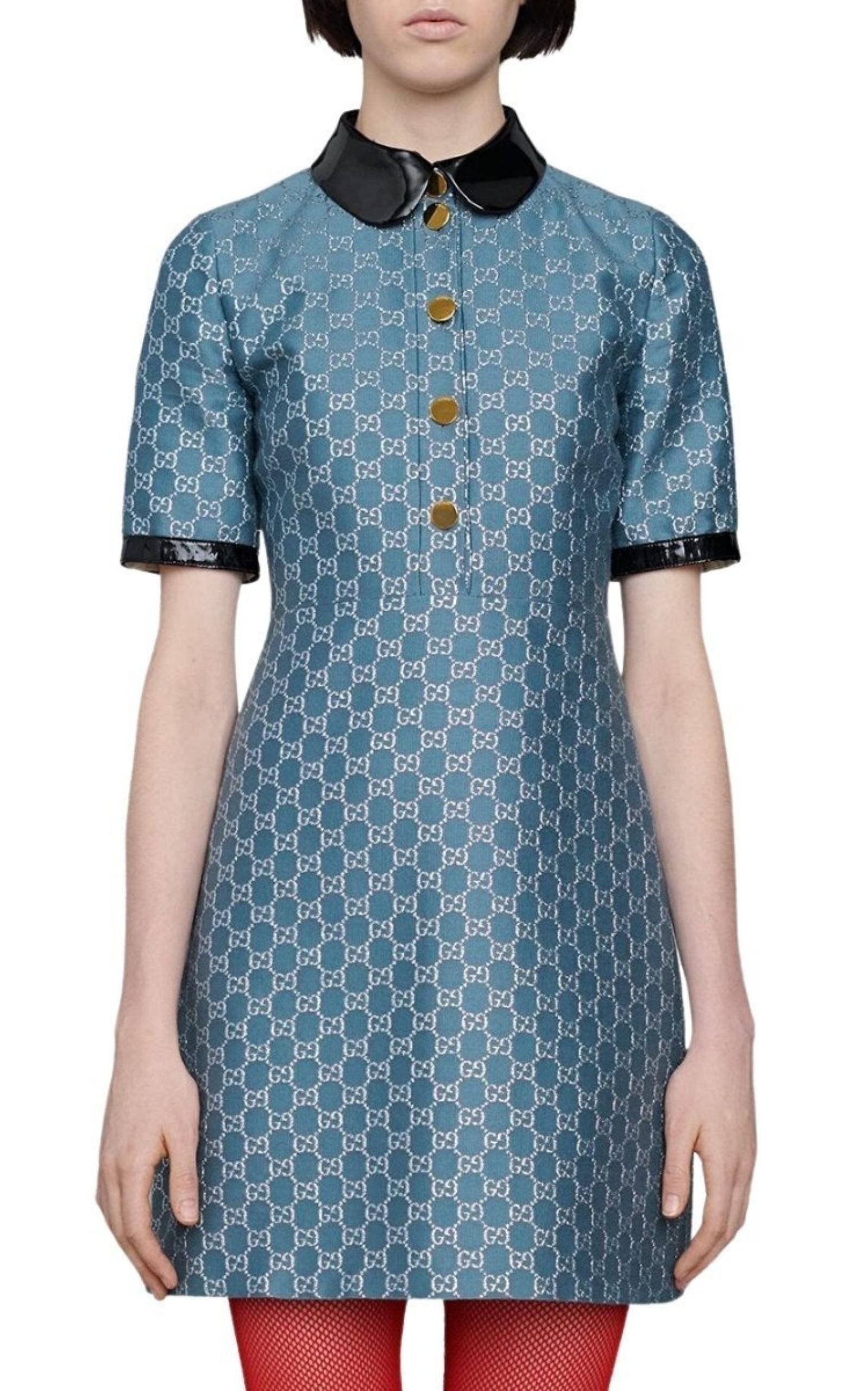 Blue GG Lamé Dress With Detachable Collar - 3