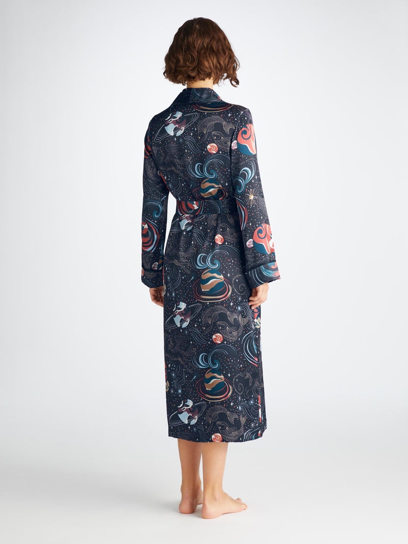 Women's Long Robe Brindisi 105 Silk Satin Navy - 4
