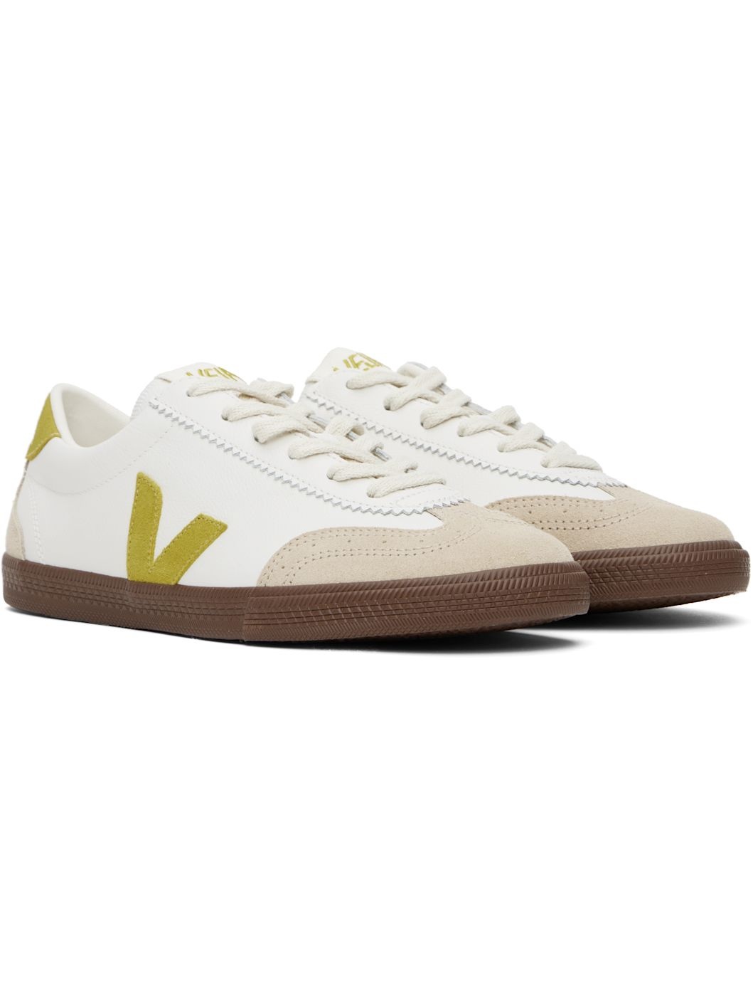 White & Beige Volley Leather Sneakers - 4