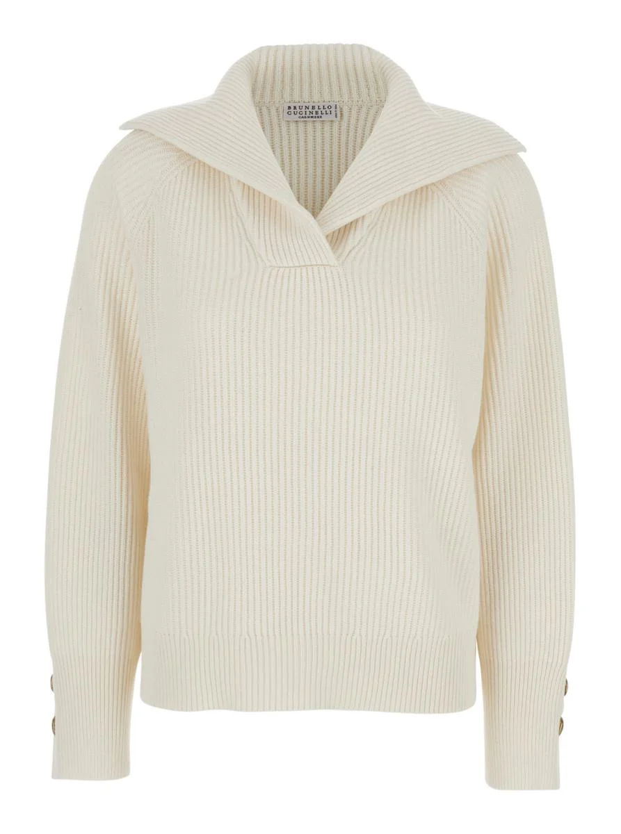 Brunello Cucinelli White Ribbed Knit Sweater With V Neck In Wool And Cashmere Blend Woman - 1