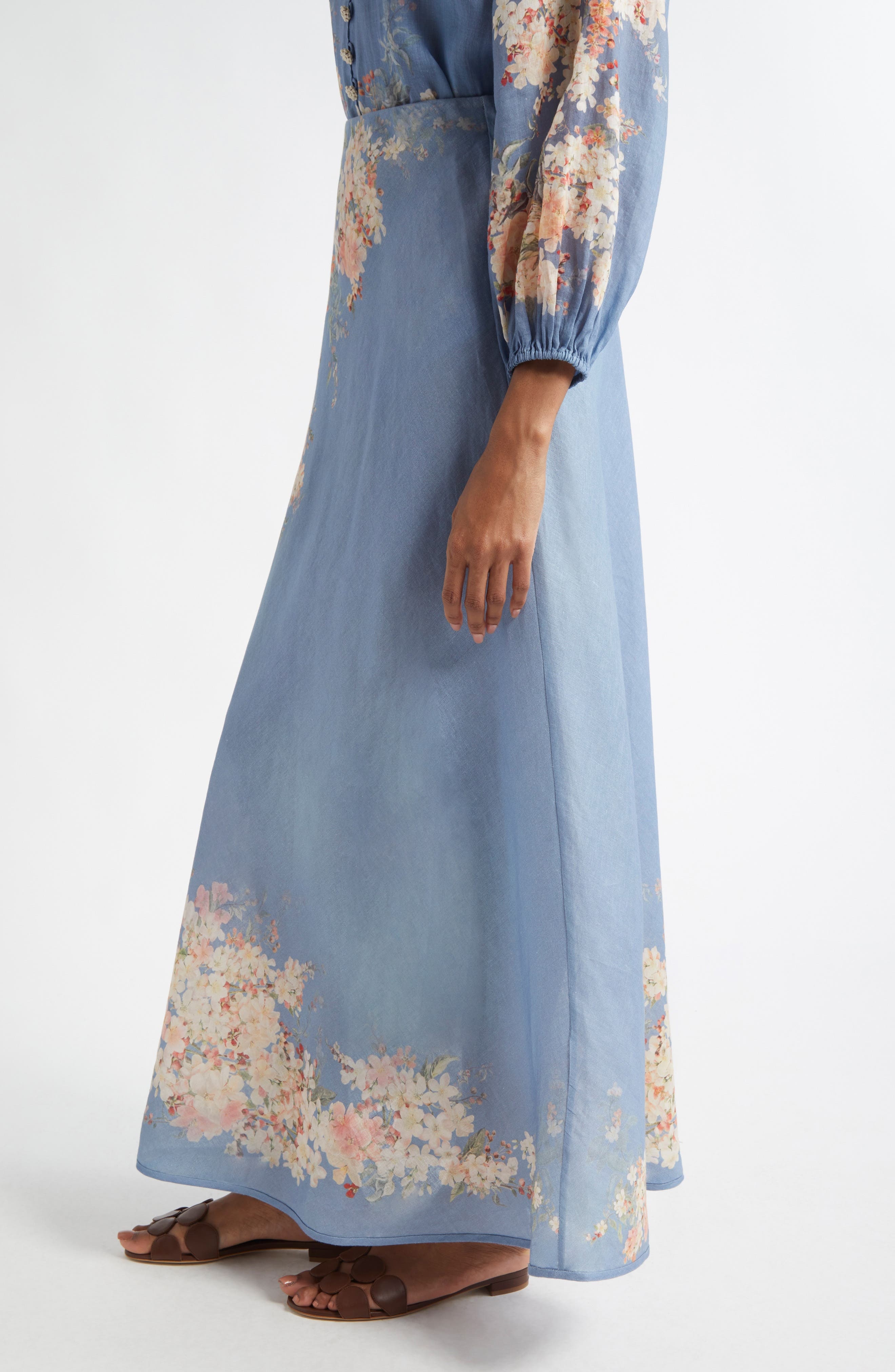 Zimmermann Cascadian Bias Cut Linen Maxi Skirt in Blue Botanical Floral at Nordstrom - 3