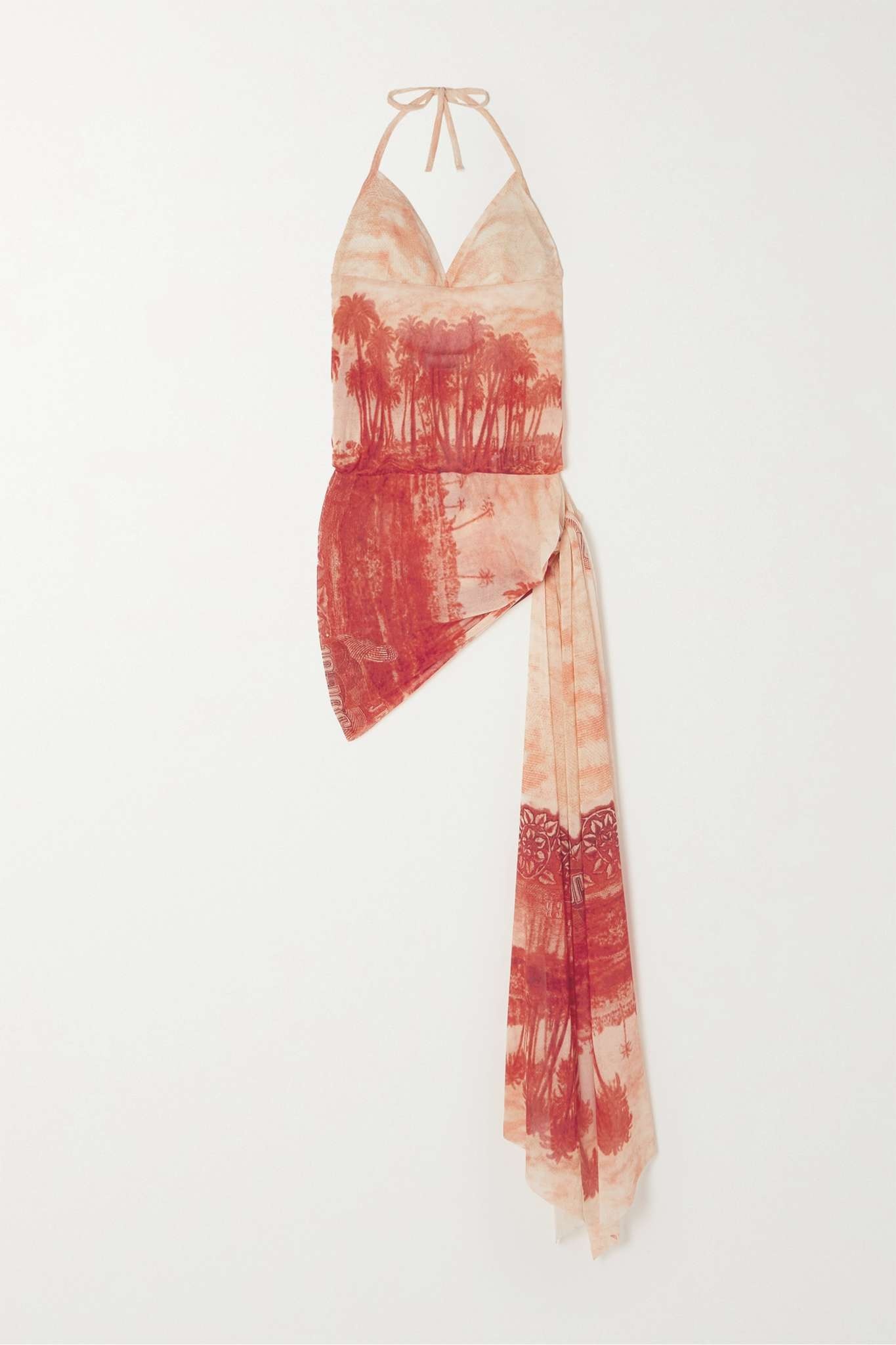 Draped printed stretch-mesh halterneck mini dress - 1