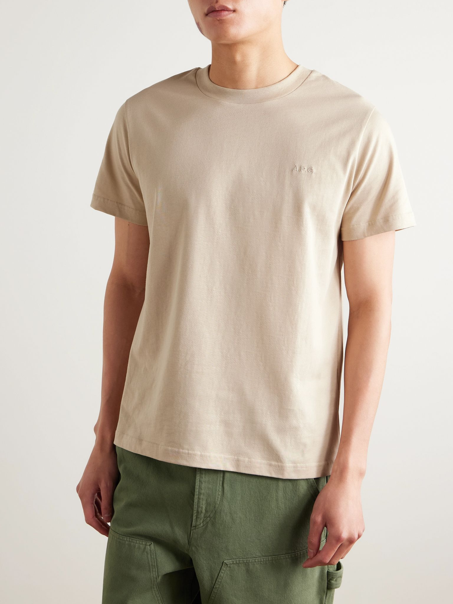 Logo-Embroidered Organic Cotton-Jersey T-Shirt Beige - 3