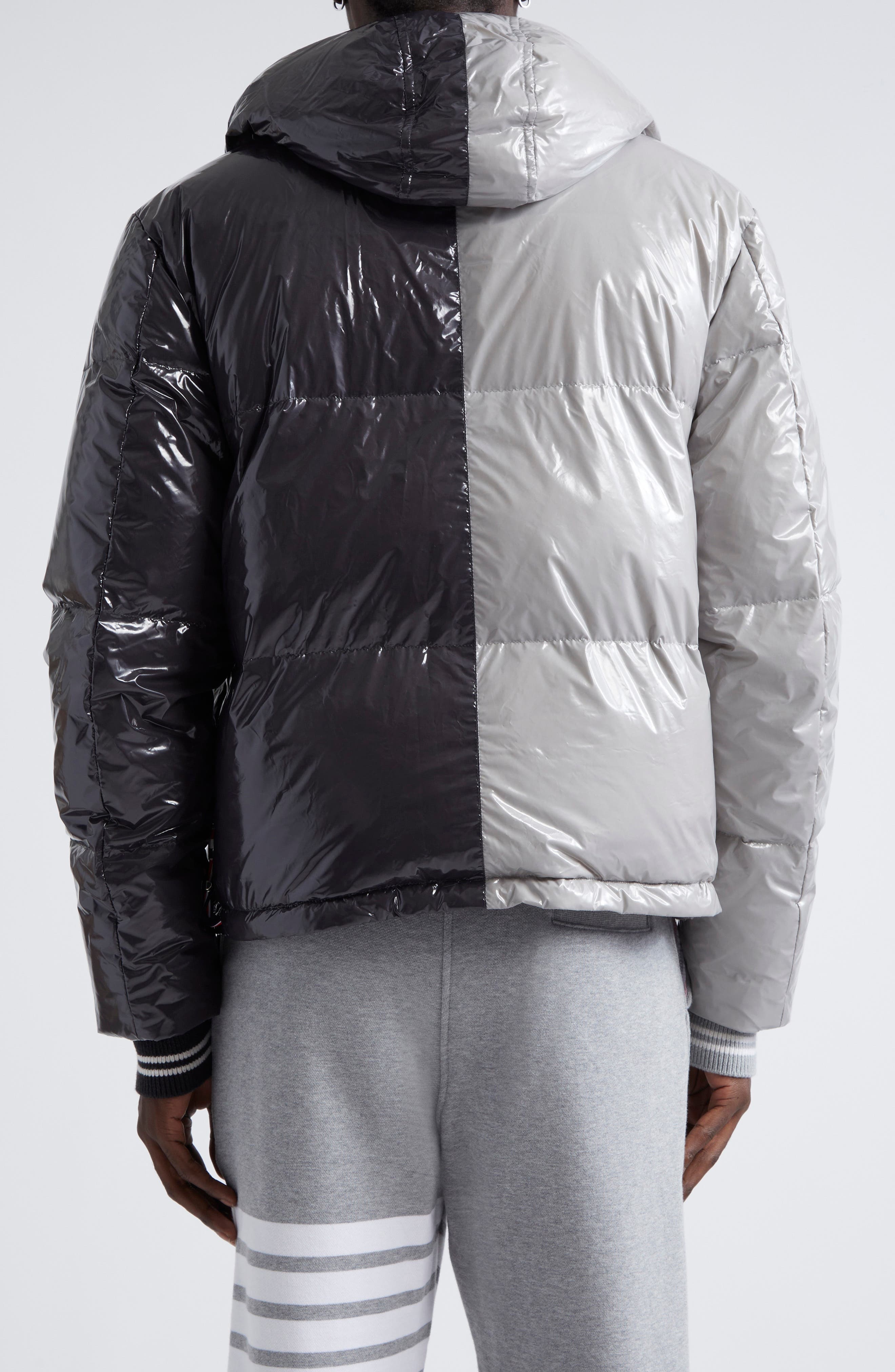 Thom Browne Colorblock Down Puffer Jacket with Removable Hood in Light Grey at Nordstrom - 3