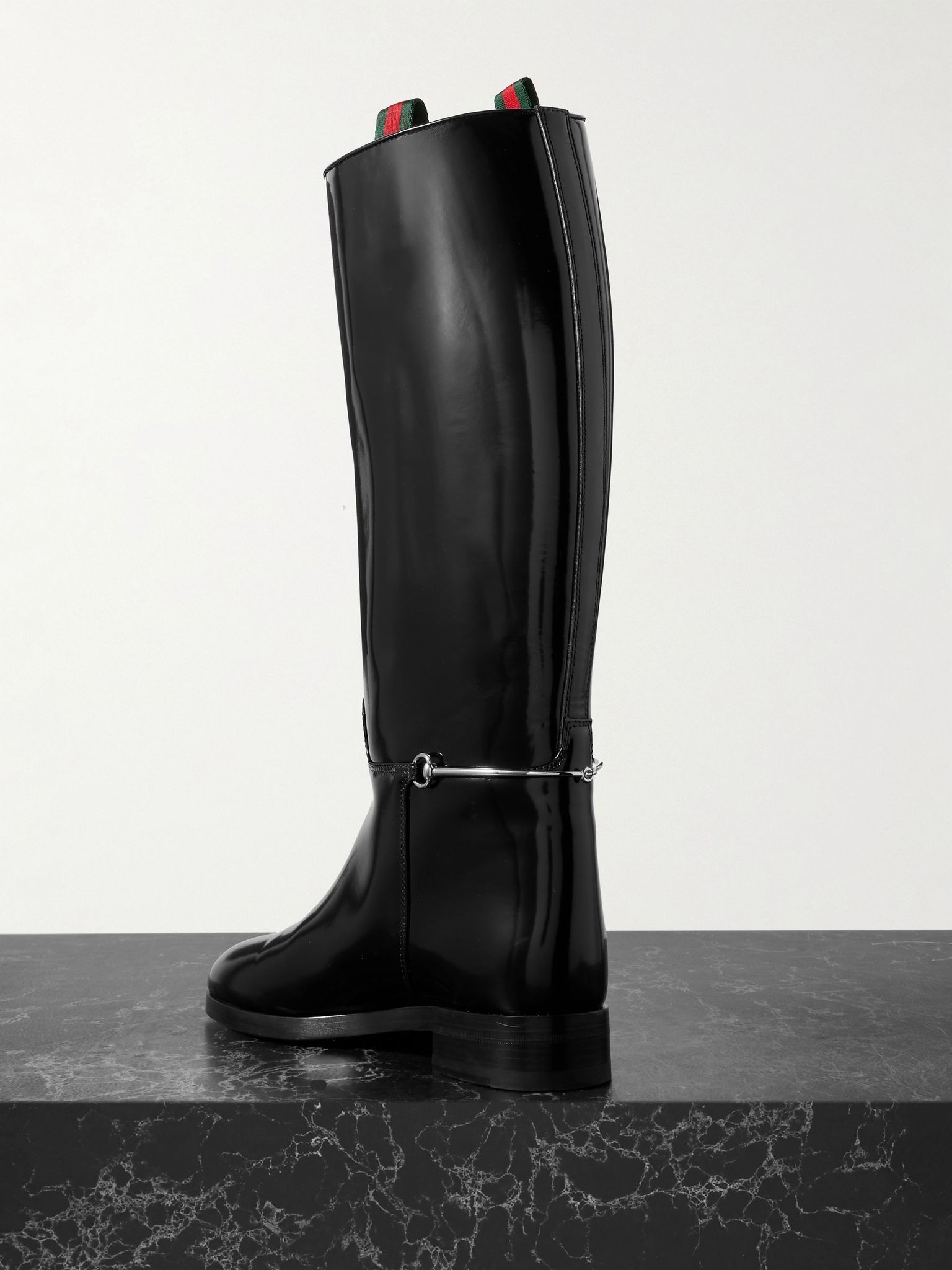 Canvas-trimmed horsebit-embellished patent-leather knee boots Black - 3