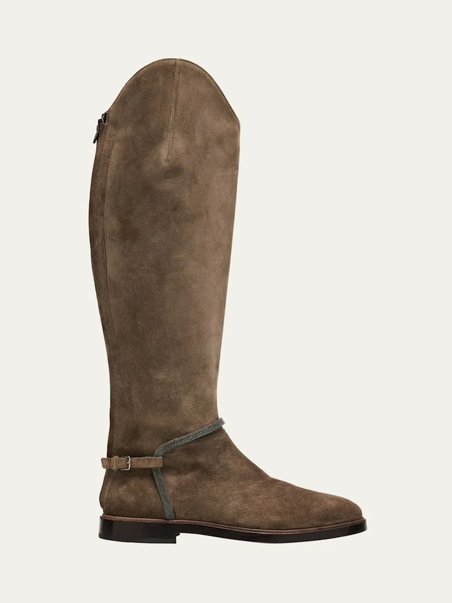 Suede Equestrian Boots with Monili Riding Detail - 1