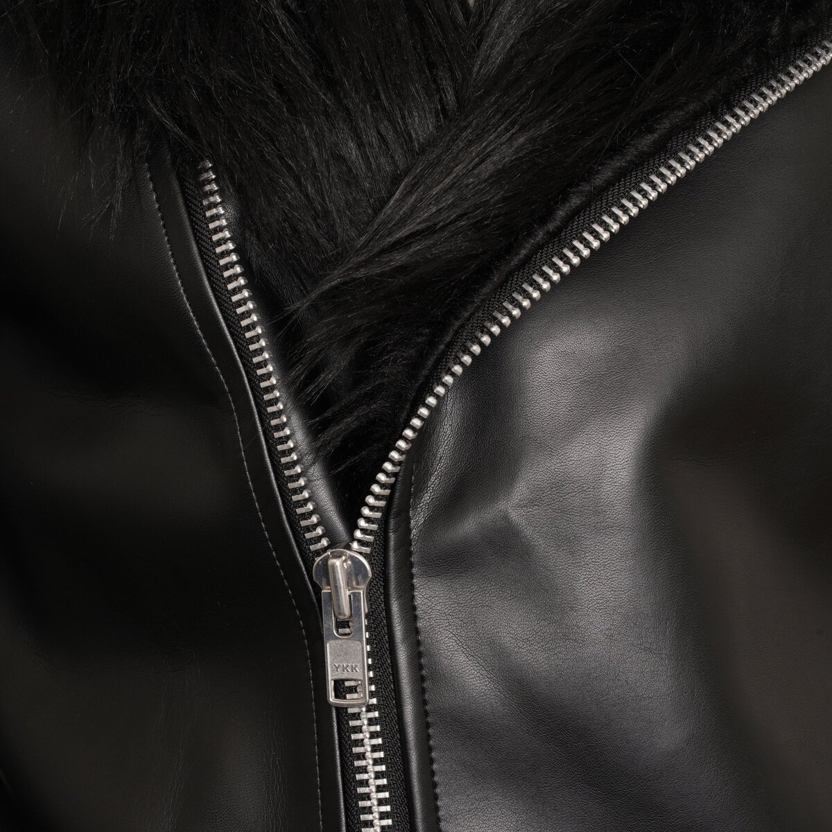 Faux-Leather Fur Lined Biker Jacket in Black - 3