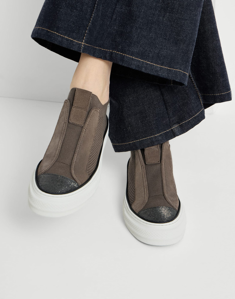 Cotton knit and suede slip-on sneakers with precious toe 5